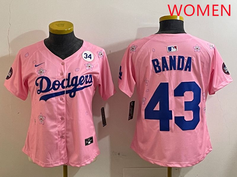 Women Los Angeles Dodgers #43 Banda Pink White Blue Sakura Edition 2025 Nike MLB Jersey style 8